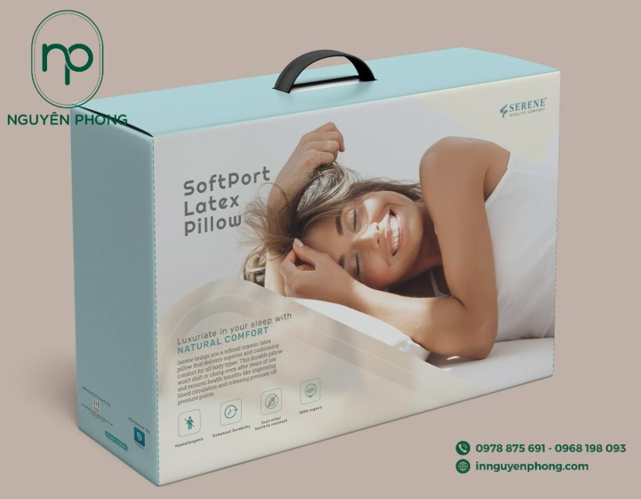 Mẫu hộp giấy đựng gối thiết kế quai cầm